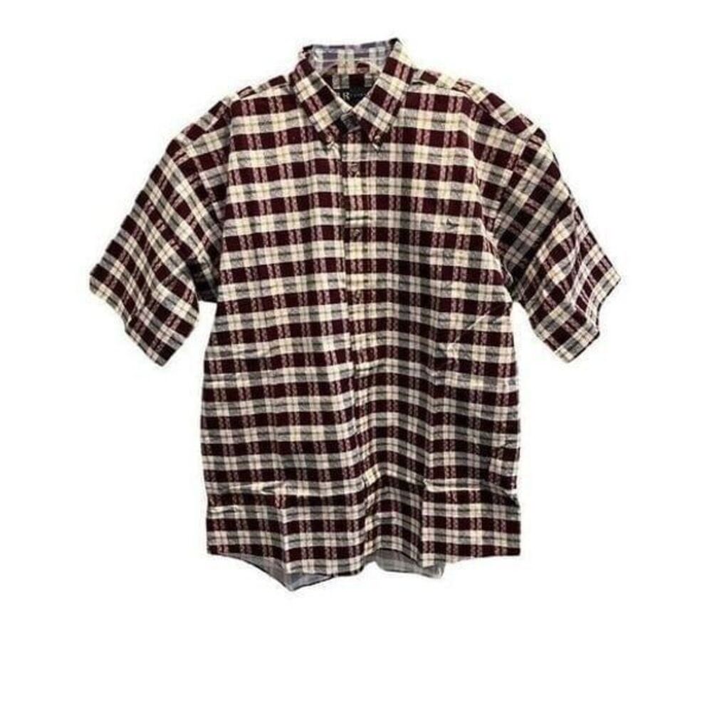 R&R Casuals Men's Size Large Short Sleeve Red, Green White Plaid Casual Shirts